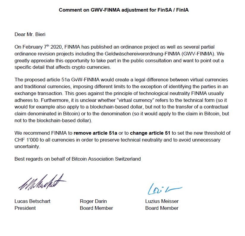 Bitcoin Association Switzerland FINMA