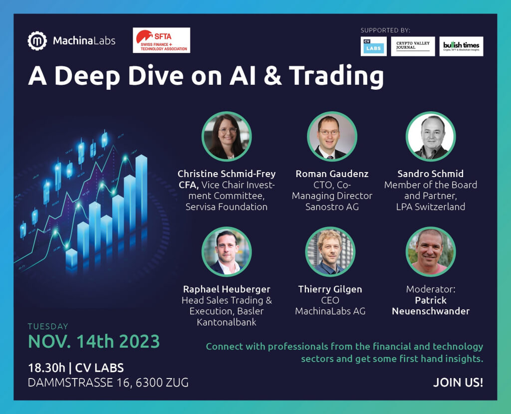 Flyer MachinaTrader AI & Trading Event in CVlabs Zug