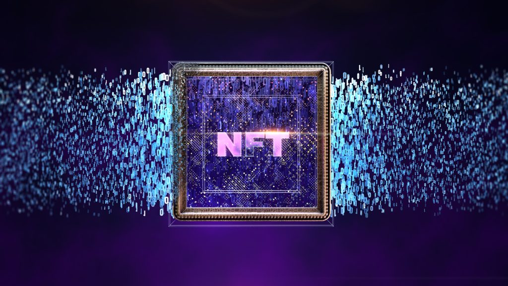 NFT non fungible tokenscrypto art on colorful abstract background. Pay for unique collectibles in games or art. 3d render of NFT crypto art collectibles concept illustration